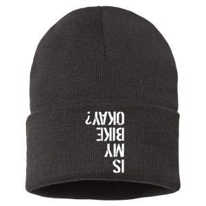 Is My Bike Okay? Upside Down Motorcycle Logo Sustainable Knit Beanie