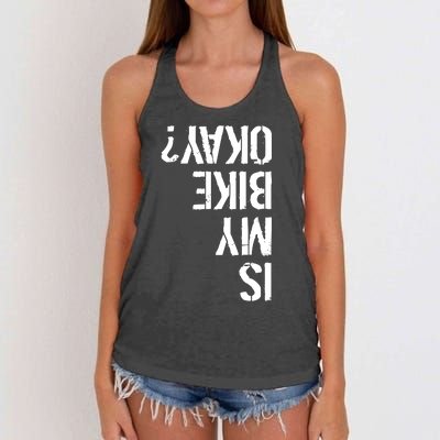 Is My Bike Okay? Upside Down Motorcycle Logo Women's Knotted Racerback Tank