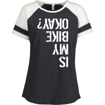 Is My Bike Okay? Upside Down Motorcycle Logo Enza Ladies Jersey Colorblock Tee