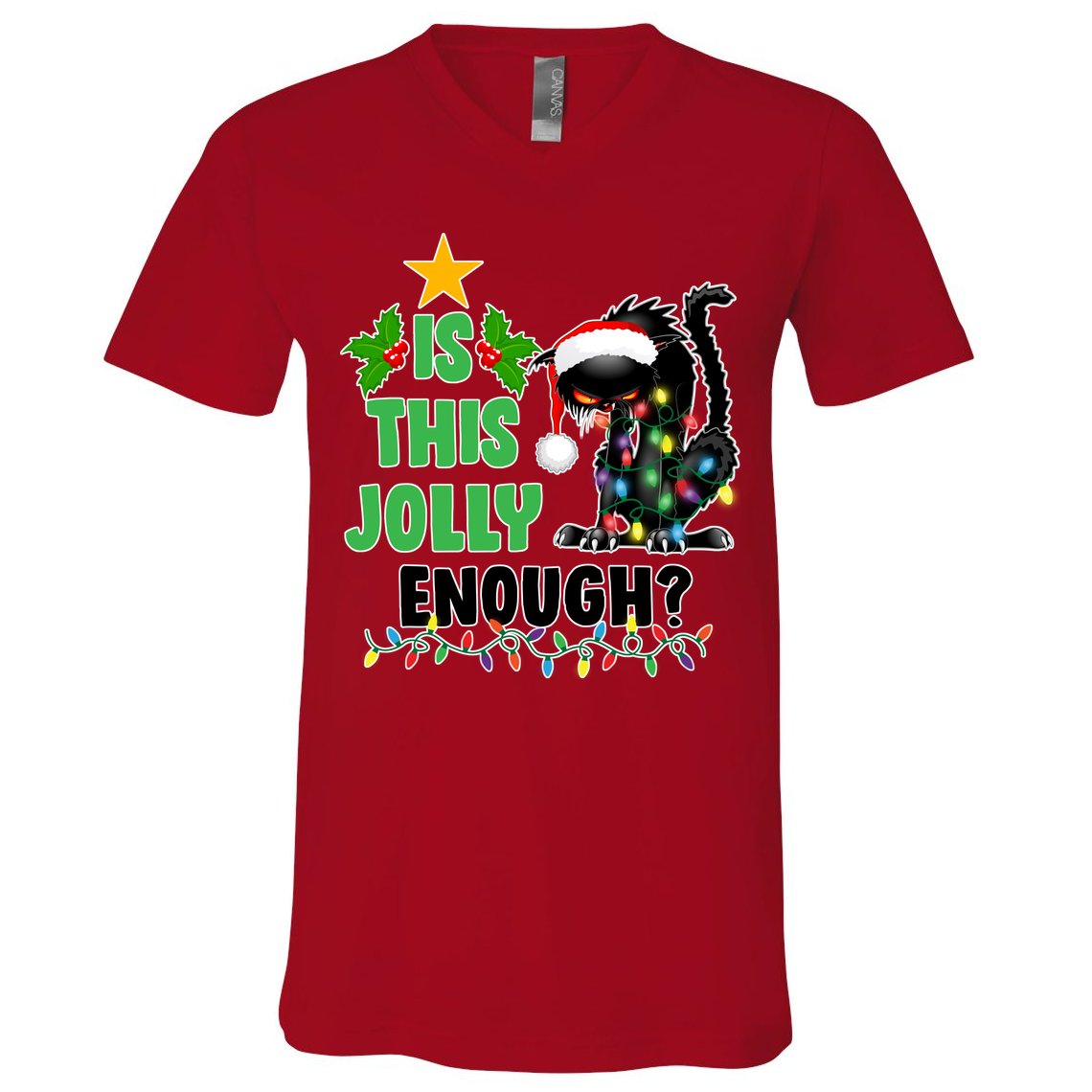 Is This Jolly Enough Funny Christmas Cat V-Neck T-Shirt