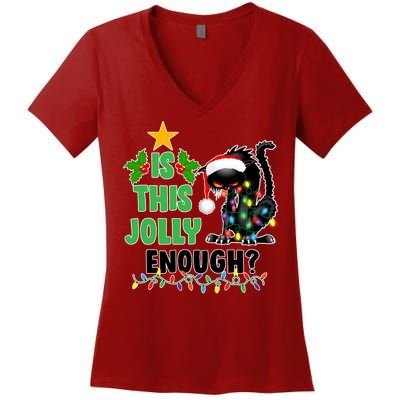 Is This Jolly Enough Funny Christmas Cat Women's V-Neck T-Shirt