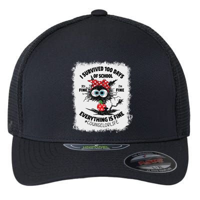 I Survived 100 Days Of School Its Fine Counselor Bleached Flexfit Unipanel Trucker Cap