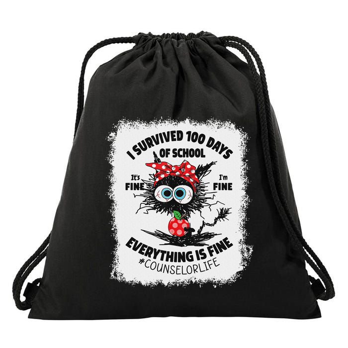 I Survived 100 Days Of School Its Fine Counselor Bleached Drawstring Bag