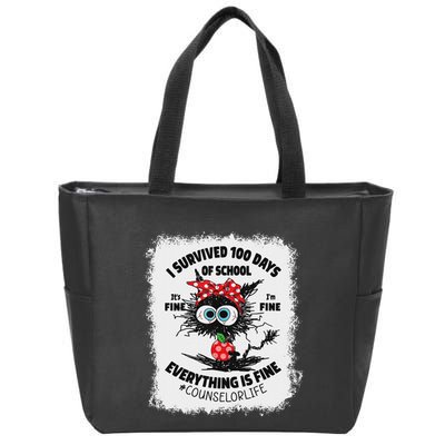 I Survived 100 Days Of School Its Fine Counselor Bleached Zip Tote Bag