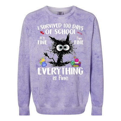 I Survived 100 Days Of School Everything Is Fine Funny Cat Colorblast Crewneck Sweatshirt