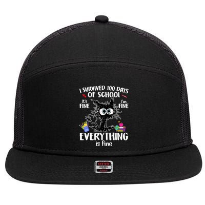 I Survived 100 Days Of School Everything Is Fine Funny Cat 7 Panel Mesh Trucker Snapback Hat