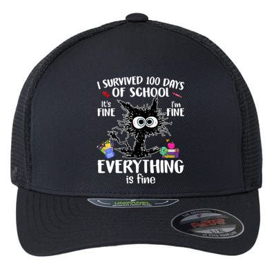 I Survived 100 Days Of School Everything Is Fine Funny Cat Flexfit Unipanel Trucker Cap
