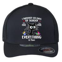 I Survived 100 Days Of School Everything Is Fine Funny Cat Flexfit Unipanel Trucker Cap