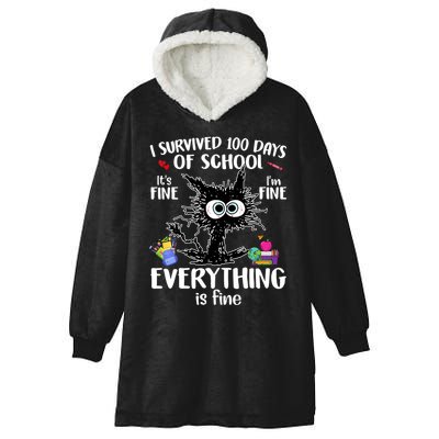 I Survived 100 Days Of School Everything Is Fine Funny Cat Hooded Wearable Blanket