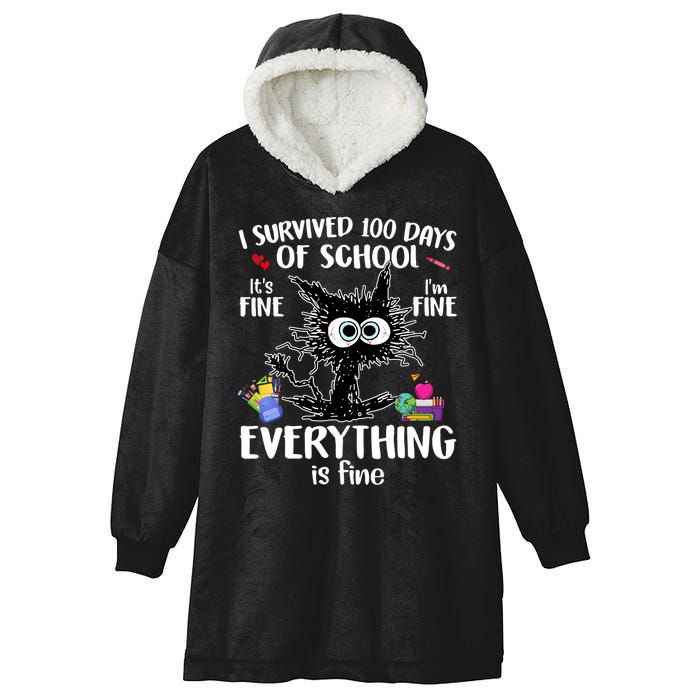 I Survived 100 Days Of School Everything Is Fine Funny Cat Hooded Wearable Blanket