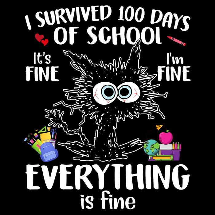 I Survived 100 Days Of School Everything Is Fine Funny Cat 7-Panel Snapback Hat