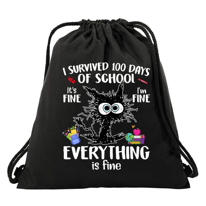 I Survived 100 Days Of School Everything Is Fine Funny Cat Drawstring Bag