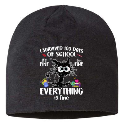 I Survived 100 Days Of School Everything Is Fine Funny Cat Sustainable Beanie