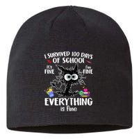 I Survived 100 Days Of School Everything Is Fine Funny Cat Sustainable Beanie