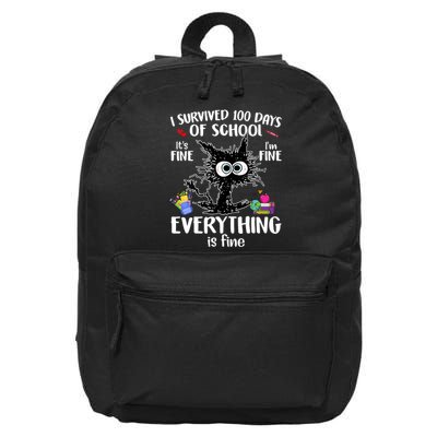 I Survived 100 Days Of School Everything Is Fine Funny Cat 16 in Basic Backpack