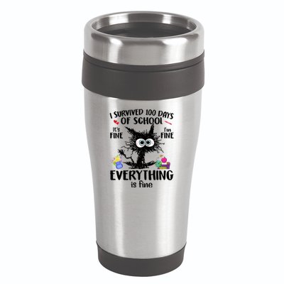 I Survived 100 Days Of School Everything Is Fine Funny Cat 16oz Travel Tumbler