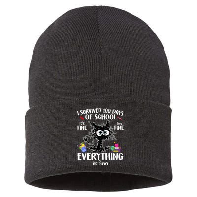 I Survived 100 Days Of School Everything Is Fine Funny Cat Sustainable Knit Beanie