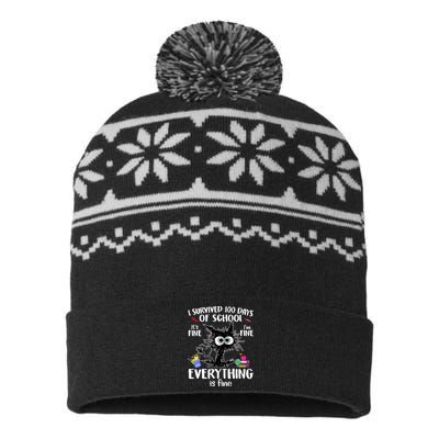 I Survived 100 Days Of School Everything Is Fine Funny Cat USA-Made Snowflake Beanie