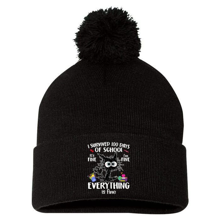 I Survived 100 Days Of School Everything Is Fine Funny Cat Pom Pom 12in Knit Beanie