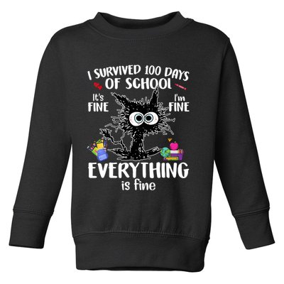 I Survived 100 Days Of School Everything Is Fine Funny Cat Toddler Sweatshirt
