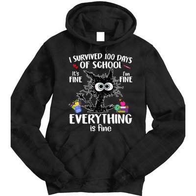 I Survived 100 Days Of School Everything Is Fine Funny Cat Tie Dye Hoodie