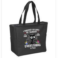 I Survived 100 Days Of School Everything Is Fine Funny Cat Zip Tote Bag