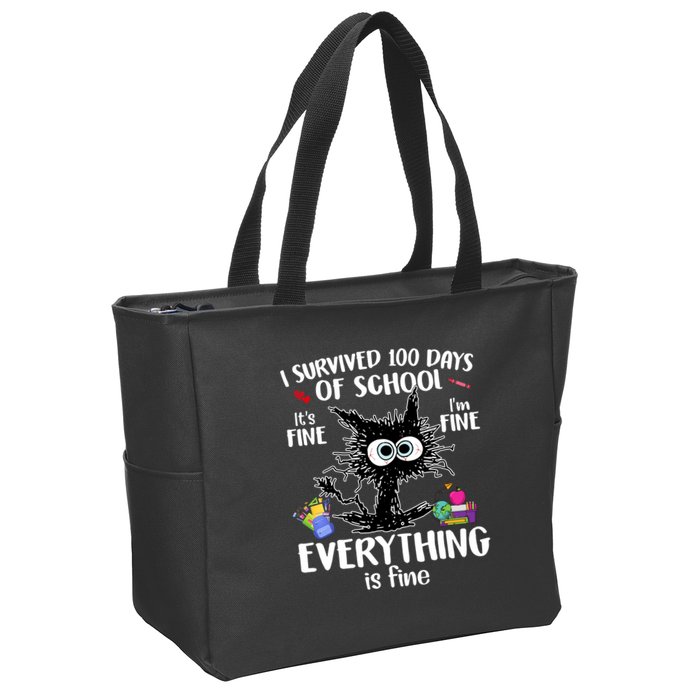 I Survived 100 Days Of School Everything Is Fine Funny Cat Zip Tote Bag