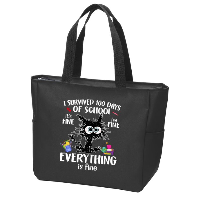 I Survived 100 Days Of School Everything Is Fine Funny Cat Zip Tote Bag