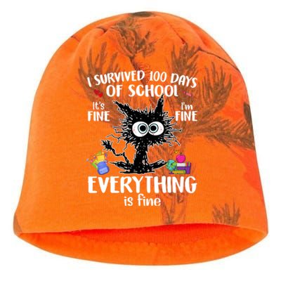 I Survived 100 Days Of School Everything Is Fine Funny Cat Kati - Camo Knit Beanie