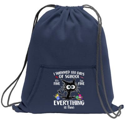 I Survived 100 Days Of School Everything Is Fine Funny Cat Sweatshirt Cinch Pack Bag