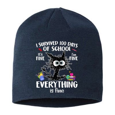 I Survived 100 Days Of School Everything Is Fine Funny Cat Sustainable Beanie