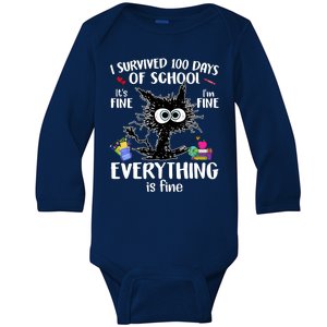 I Survived 100 Days Of School Everything Is Fine Funny Cat Baby Long Sleeve Bodysuit