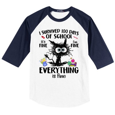 I Survived 100 Days Of School Everything Is Fine Funny Cat Baseball Sleeve Shirt