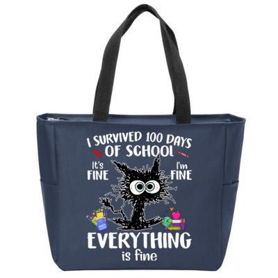 I Survived 100 Days Of School Everything Is Fine Funny Cat Zip Tote Bag