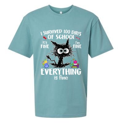I Survived 100 Days Of School Everything Is Fine Funny Cat Sueded Cloud Jersey T-Shirt