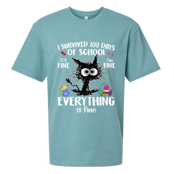 I Survived 100 Days Of School Everything Is Fine Funny Cat Sueded Cloud Jersey T-Shirt