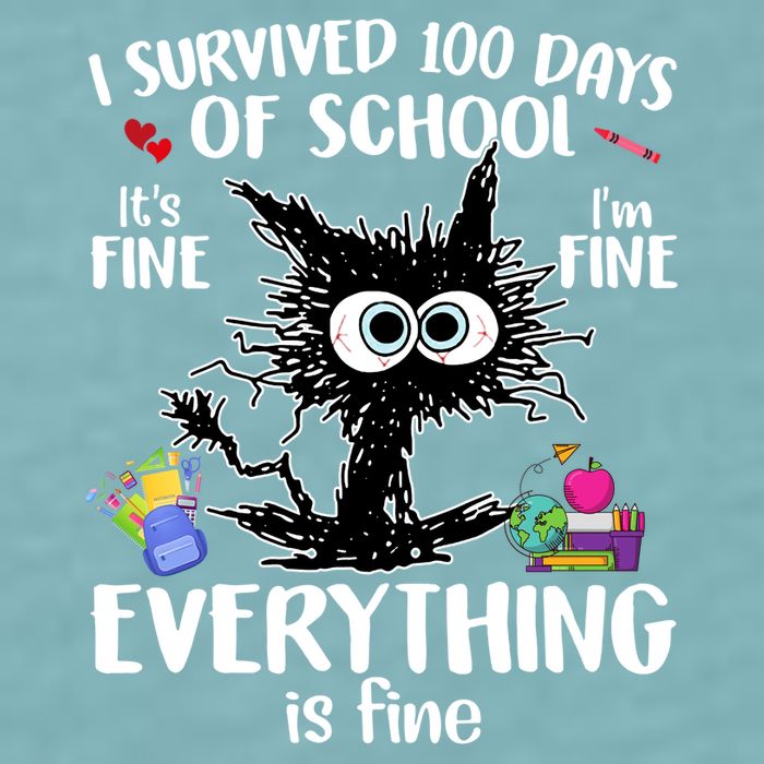 I Survived 100 Days Of School Everything Is Fine Funny Cat Sueded Cloud Jersey T-Shirt