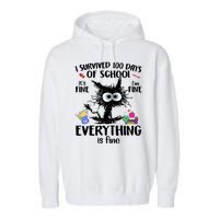 I Survived 100 Days Of School Everything Is Fine Funny Cat Garment-Dyed Fleece Hoodie