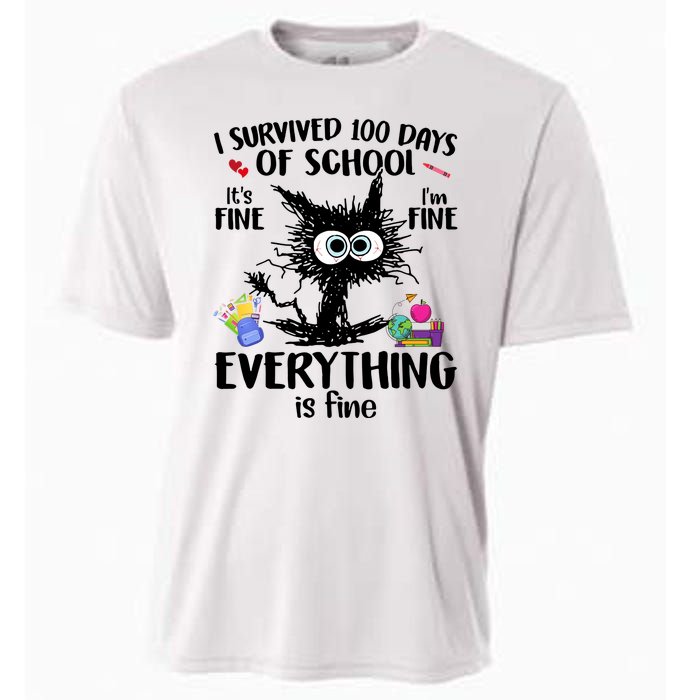 I Survived 100 Days Of School Everything Is Fine Funny Cat Cooling Performance Crew T-Shirt