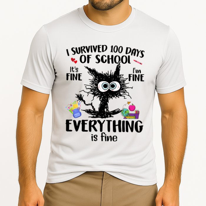 I Survived 100 Days Of School Everything Is Fine Funny Cat Performance Shirt