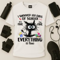 I Survived 100 Days Of School Everything Is Fine Funny Cat Performance Shirt