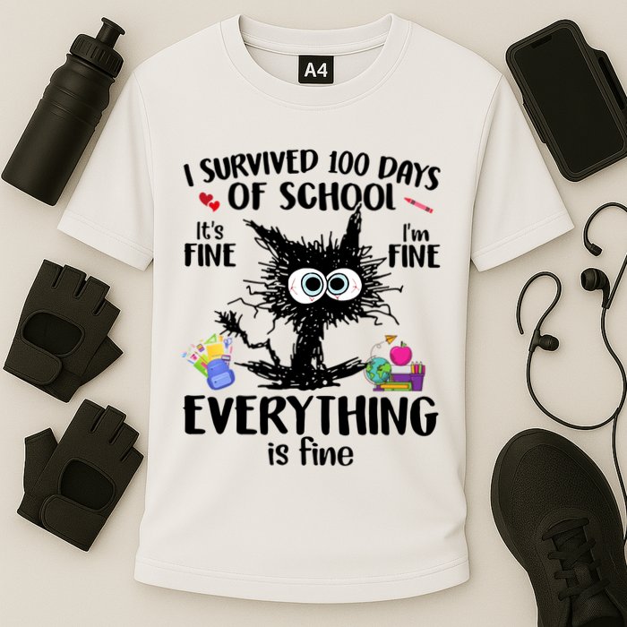 I Survived 100 Days Of School Everything Is Fine Funny Cat Performance Shirt