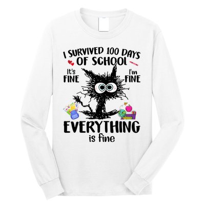 I Survived 100 Days Of School Everything Is Fine Funny Cat Long Sleeve Shirt