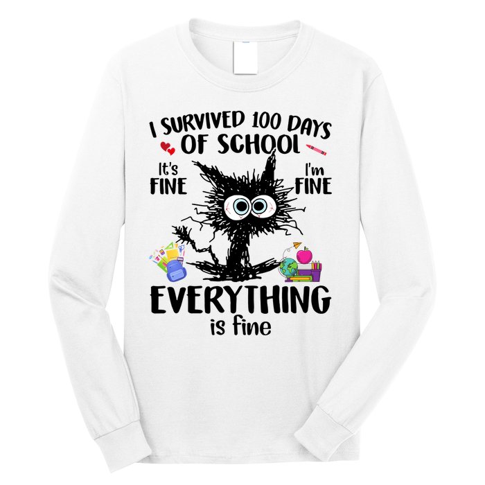I Survived 100 Days Of School Everything Is Fine Funny Cat Long Sleeve Shirt