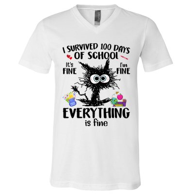 I Survived 100 Days Of School Everything Is Fine Funny Cat V-Neck T-Shirt