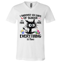 I Survived 100 Days Of School Everything Is Fine Funny Cat V-Neck T-Shirt