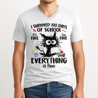I Survived 100 Days Of School Everything Is Fine Funny Cat V-Neck T-Shirt