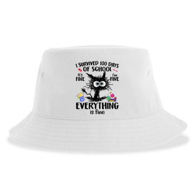 I Survived 100 Days Of School Everything Is Fine Funny Cat Sustainable Bucket Hat