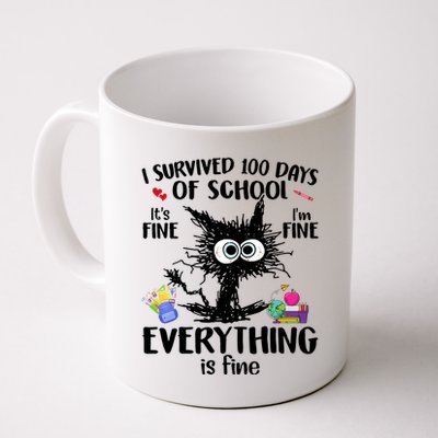 I Survived 100 Days Of School Everything Is Fine Funny Cat Mug