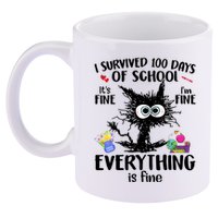 I Survived 100 Days Of School Everything Is Fine Funny Cat 11oz C Handle Ceramic Mug